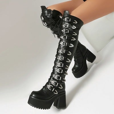 Gothic Black Buckles Up Knee-high Boots
