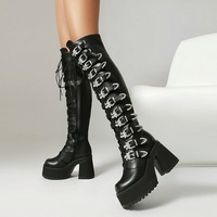 Gothic Black Buckles Up Knee-high Boots - Thumbnail 1