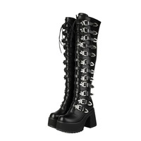 Gothic Black Buckles Up Knee-high Boots - Thumbnail 4