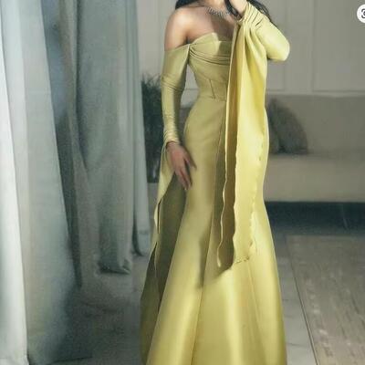 Customized temperament satin mermaid off the shoulder evening dress high quality floor length long sleeves vestidos de