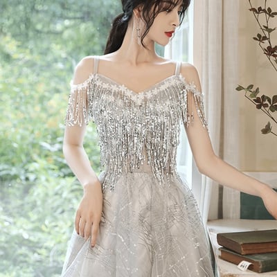 Gray tulle seqins short a-line prom party dress - Thumbnail 1