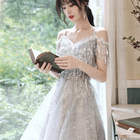 Gray Tulle Seqins Short A-Line Prom Party Dress - Thumbnail 2