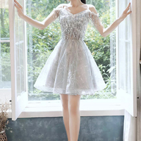 Gray Tulle Seqins Short A-Line Prom Party Dress - Thumbnail 3