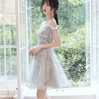 Gray Tulle Seqins Short A-Line Prom Party Dress - Thumbnail 5