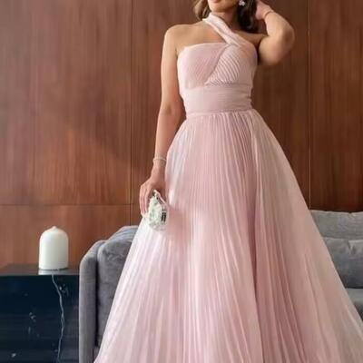 Customized fashion organza a-line one shoulder evening dress temperament floor length strapless vestidos 