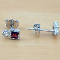 BOXED GIFT/Sterling Silver Garnet & Cz Gemstone Stud Earrings/Garnet Earrings,Garnet Square Earrings/Square Stud Earrings/Garnet Jewellery/UK - Thumbnail 1