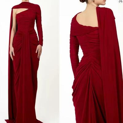 Customized delicate one shoulder long sleeves evening dress graceful ribbons floor length party dress sexy sheath 
