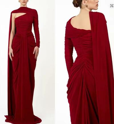 Customized Delicate One Shoulder Long Sleeves Evening Dress Graceful Ribbons Floor Length Party Dress Sexy Sheath 