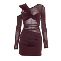 Sexy Slim Fit Asymmetric Long Sleeve Mini Dress - Thumbnail 1