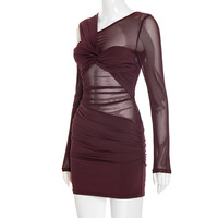 Sexy Slim Fit Asymmetric Long Sleeve Mini Dress - Thumbnail 4