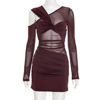 Sexy Slim Fit Asymmetric Long Sleeve Mini Dress - Thumbnail 6