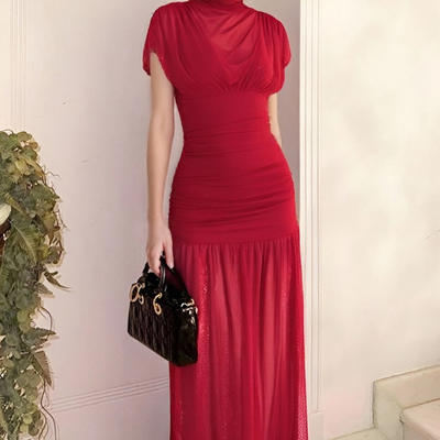 Sexy solid color hip-wrapped mesh maxi dress - Thumbnail 1