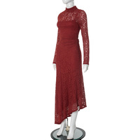 Lace-paneled gathered slim-fit long-sleeved slanted hem maxi skirt with inner layer - Thumbnail 6