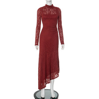 Lace-paneled gathered slim-fit long-sleeved slanted hem maxi skirt with inner layer - Thumbnail 8