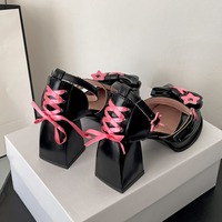 Black Pink Chunky Heeled Mary Jane Shoes - Thumbnail 6