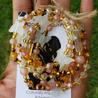 BUTTERFLIES & AMBER 🦋🤎 ➡️ (33 INCH)🔹️READY-MADE🔹️ GLOW IN THE DARK CRYSTAL HANDMADE WAIST BEADS BY Nubian Collection Artwear 🎨  - Thumbnail 2