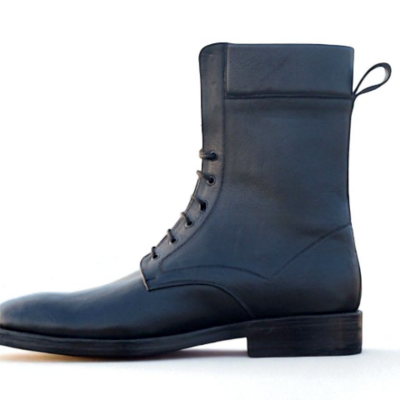 Crafted leather classic men black leather ankle high lace up military long boot