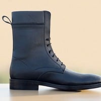 Crafted Leather Classic Men Black Leather Ankle High Lace up Military Long Boot - Thumbnail 1