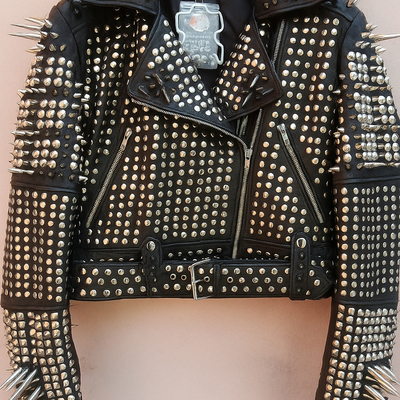 Crafted leather new women's punk rock full black long spiked studded brando rusty leather jacket 