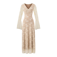 Sexy Lace V-Neck Trumpet Sleeve A-Line Swing Dress - Thumbnail 1