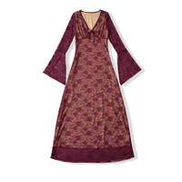 Sexy Lace V-Neck Trumpet Sleeve A-Line Swing Dress - Thumbnail 2