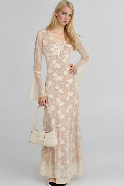 Sexy Lace V-Neck Trumpet Sleeve A-Line Swing Dress