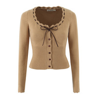 Retro khaki ruffled drawstring single-breasted long-sleeved sweater - Thumbnail 2