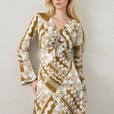 Retro floral print v-neck flared long-sleeved dress - Thumbnail 2