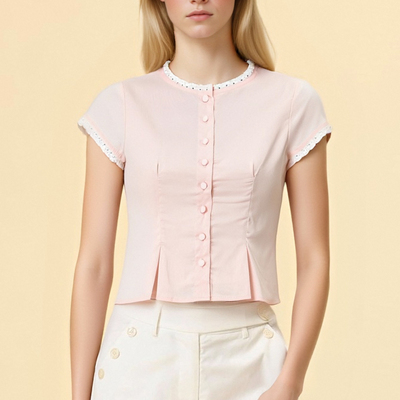 Retro and fresh slim fit round neck lace top with small flying sleeves - Thumbnail 2