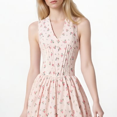 Pastoral style cute pink floral cotton print v-neck mini dress