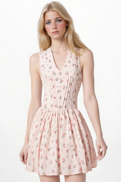 Pastoral style cute pink floral cotton print V-neck mini dress