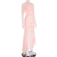 Elegant pink asymmetrical pleated mesh maxi skirt - Thumbnail 5