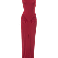 Solid color sleeveless halterneck tight-fitting hip-wrapped pleated slit maxi dress - Thumbnail 1