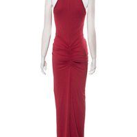Solid color sleeveless halterneck tight-fitting hip-wrapped pleated slit maxi dress - Thumbnail 2