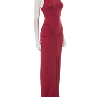 Solid color sleeveless halterneck tight-fitting hip-wrapped pleated slit maxi dress - Thumbnail 3