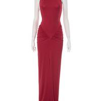 Solid color sleeveless halterneck tight-fitting hip-wrapped pleated slit maxi dress - Thumbnail 4
