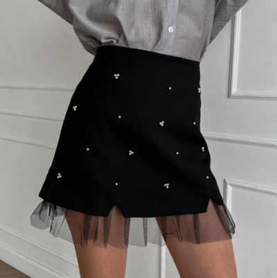 Women'S Black Lace Beaded Skirt