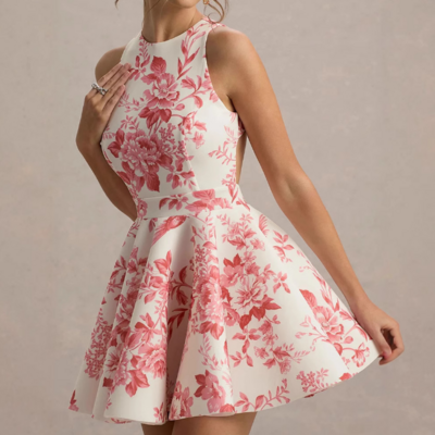 Fashion sleeveless high waist backless printed dress