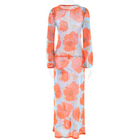 Irregular printing fashionable temperament slim dress long sleeve perspective contrast color long skirt - Thumbnail 1