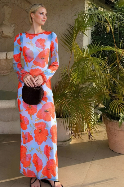 Irregular printing fashionable temperament slim dress long sleeve perspective contrast color long skirt