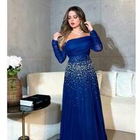 Customized Sequin Off the Shoulder Empire Party Dress Floor Length Long Ruched Formal Evening Gowns - Thumbnail 4
