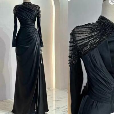 Customized exquisite high collar sheath evening dresses beading fold s vertically hugging floor length prom dress