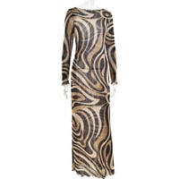 Colorblock Print Fashion Dress Slim-fitting See-through Long-sleeved Hip-wrapped Maxi Dress - Thumbnail 2