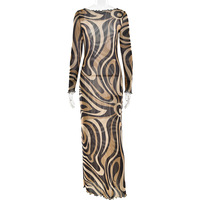 Colorblock Print Fashion Dress Slim-fitting See-through Long-sleeved Hip-wrapped Maxi Dress - Thumbnail 3