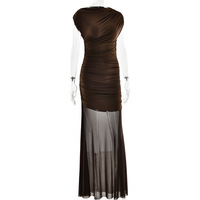 Sexy Fashion Sexy Pleated Dress Mesh Splicing Solid Color Slim Fit Women's Long Skirt - Thumbnail 2