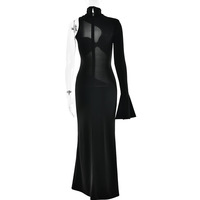 Sexy slim-fit solid color half-high collar one-shoulder slightly flared long sleeve high slit maxi dress - Thumbnail 1