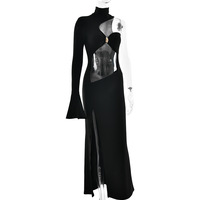 Sexy slim-fit solid color half-high collar one-shoulder slightly flared long sleeve high slit maxi dress - Thumbnail 2
