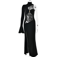 Sexy slim-fit solid color half-high collar one-shoulder slightly flared long sleeve high slit maxi dress - Thumbnail 3