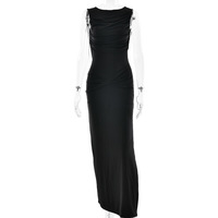 Sexy slim-fit solid color half-high collar one-shoulder slightly flared long sleeve high slit maxi dress - Thumbnail 3