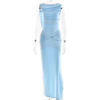 Sexy slim-fit solid color half-high collar one-shoulder slightly flared long sleeve high slit maxi dress - Thumbnail 7